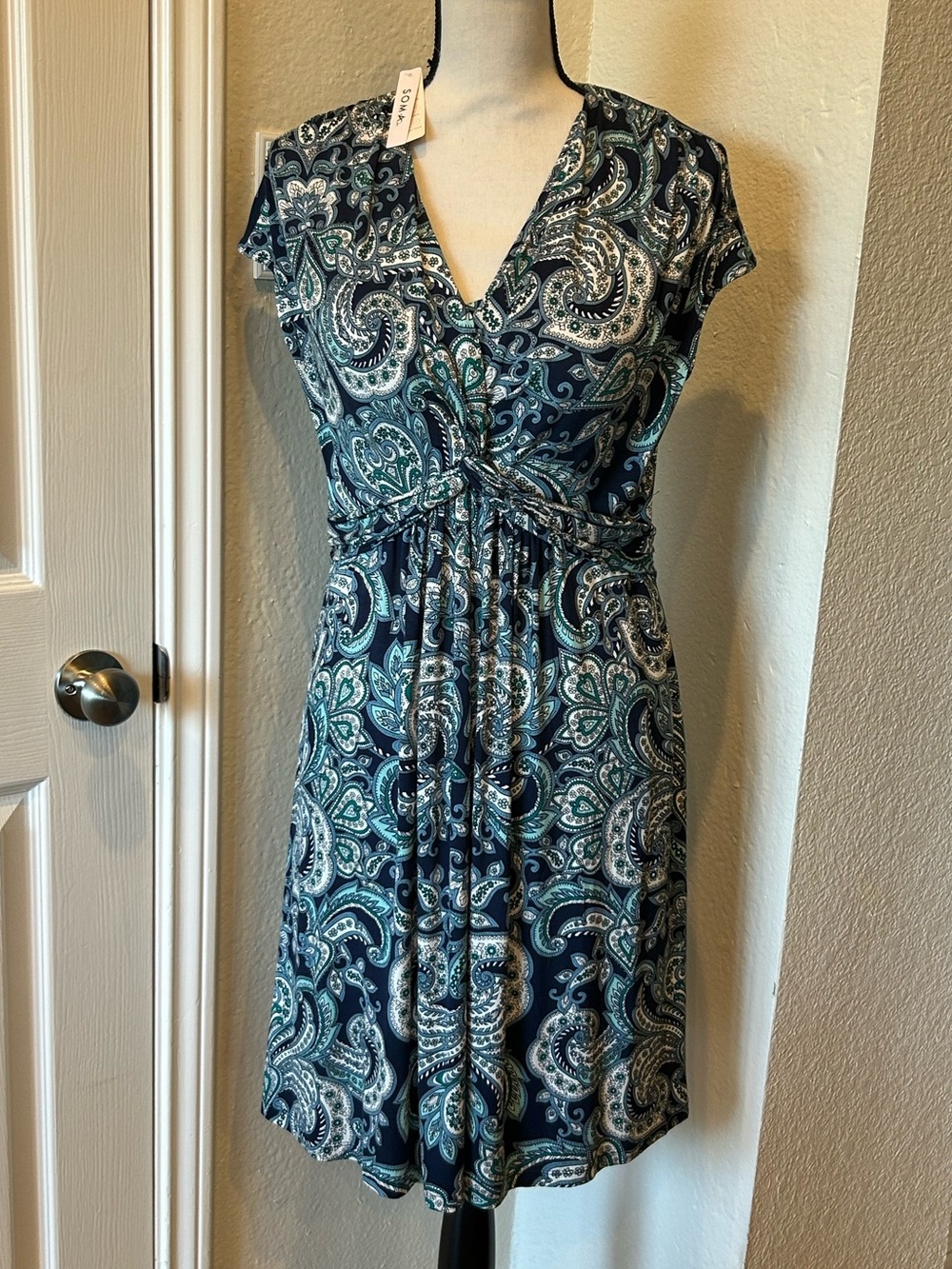 Soma Paisley Knot-Front Bra Dress Size Large Blue Green Pockets Summer Jersey